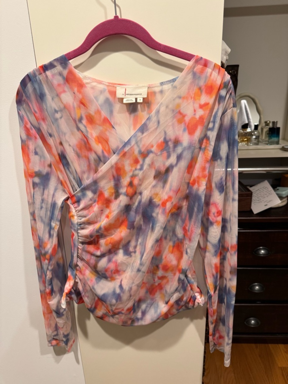 By Anthropologie Mesh Wrap Top Watercolor Floral Print Long Sleeve Size M